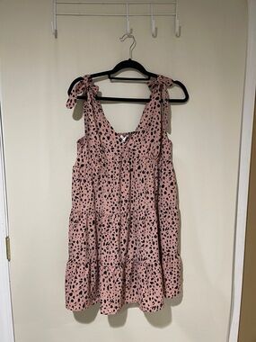 NWT Baevely Tie-Shoulder Pink Midi Dress with Black Spot Print SZ Large